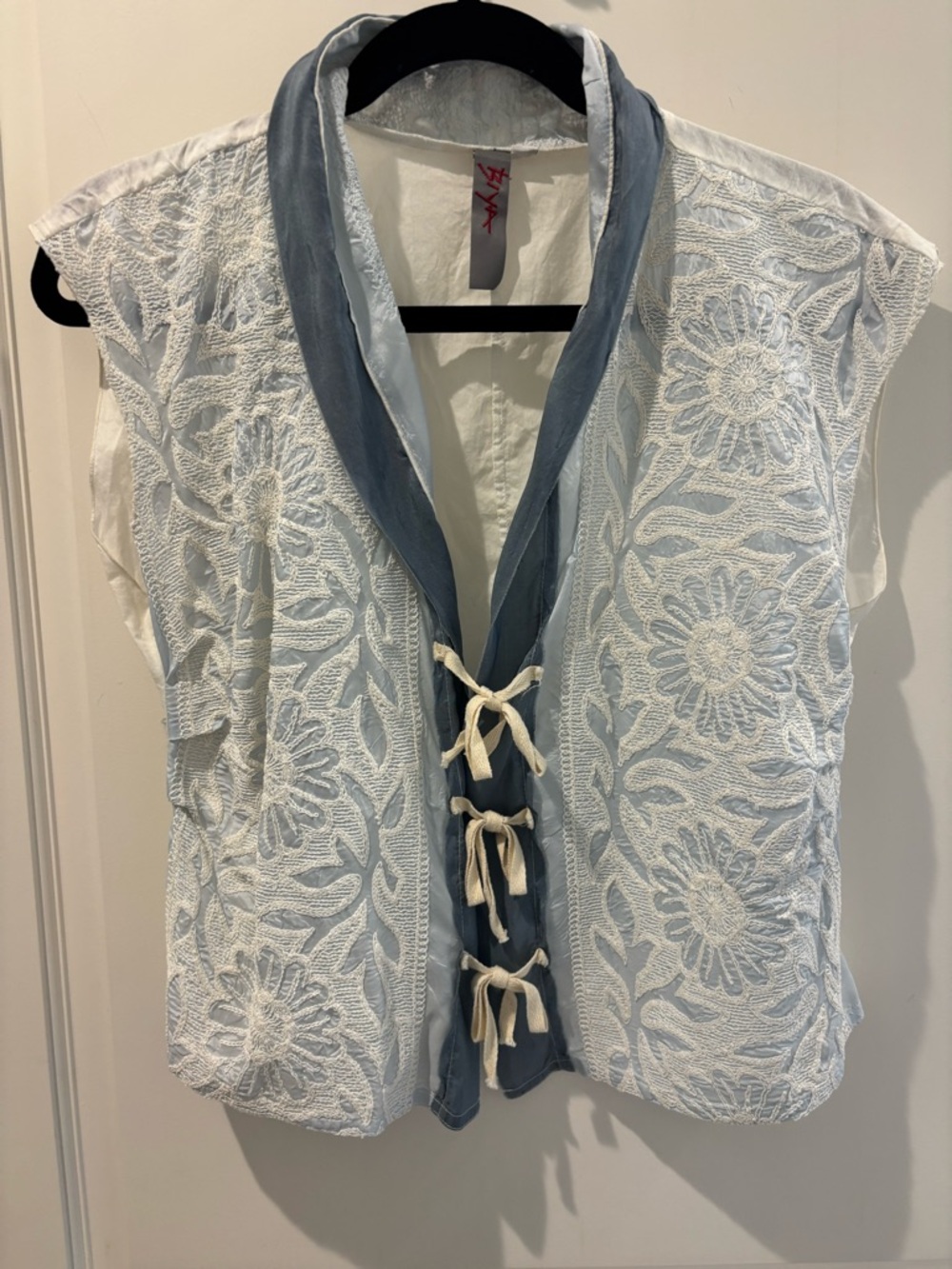 Biya Embroidered White Lace Vest with Blue Trim and Tie Front
